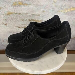Clarks Bendables Shoes Womens Size 7 Black Suede Lace Up Block Heel Pumps